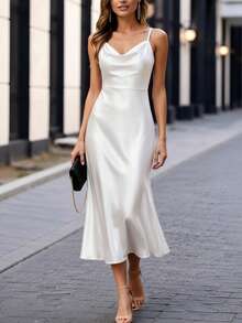 Women's Fashionable Elegant Sleeveless Fitted Camisole Midi A-Line Dress White - White - View 1