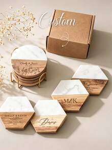Customized Engraved Marble Pattern Wooden Coasters Set, Personalized Gift Coasters, Housewarming Gift, Wedding Gift, Anniversary Gift, Durable, Decorative, Reusable, Multi-Functional, Stylish, High Quality, Customizable, Personalized, Unique, Ideal Gift For Him, Ideal Gift For Her - Multicolor - View 3