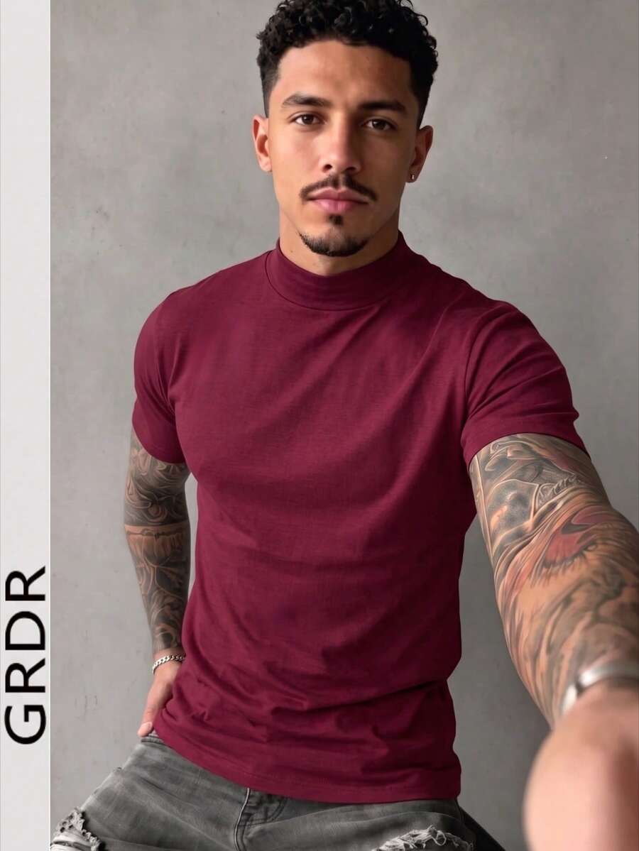 GRDR Men's Fashion Versatile Solid Color T-Shirt - Minimalist Casual Daily Short Sleeve - Red - View 1