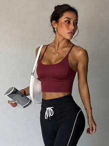Women's Solid Color Wireless Cross Strap Fashion Knit Sports Bra - Burgundy - View 3