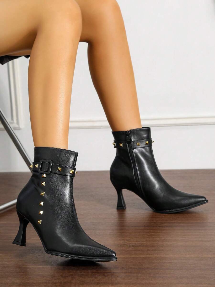 Sepatu Bot Ankle Wanita Hitam Bertabur Stud dengan Ujung Lancip, Resleting Samping, Hak Tinggi Tipis, Gaya Rapi untuk Komuter - Hitam - View 1
