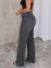 Calça Denim Longa de Perna Reta Estilo de Rua de Inverno Feminina, Casual de Natal Outono - Cinza - Visão 4