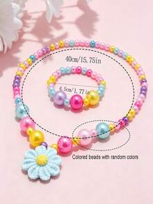 2pcs/Set Girls Cute Flower Pendant Beaded Necklace Bracelet Jewelry Set, Suitable For School, Holiday Party, Birthday Gift, Daily Wear - one-size - View 3