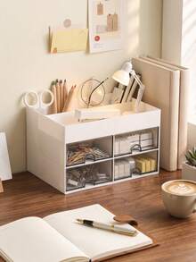 1pc Storage Box With Drawer, Desk Organizer For Pens, Stationery, Business Cards, Memo Pads, Paper Clips, Cosmetics And School Supplies, Back To School Gift - Multicolor - View 5