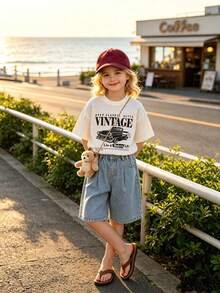 1PC White Vintage Classic Car Graphic Tee, Teen Girls Retro Streetwear Crew Neck T-Shirt For Back To School Thanksgiving Fall Casual Outfits - 白色 - 查看 4