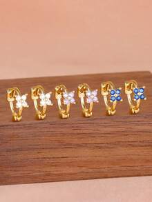 6PCS Fashion Zirconia Four-Petal Flower Hoop Earrings Sets For Women 18K Gold Plated Elegant Hypoallergenic Engagement Birthday Jewelry Gift - 6PCS-gold 1 - View 2