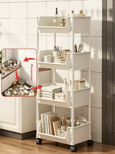 Rolling Storage Shelf, Large-Capacity White Plastic Trolley Available In Two Sizes, Equipped With 4 Universal Casters, Movable Narrow Storage Cart For Storing Kitchen Snacks, Bedroom Books And Household Sundries.