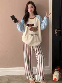 Autumn Flannel Women's Shoulder-Covering Pullover Loungewear, Winter 2-Piece Set Loose Cartoon Thermal Lined Large Puppy Comfortable Pajamas - Apricot - View 3