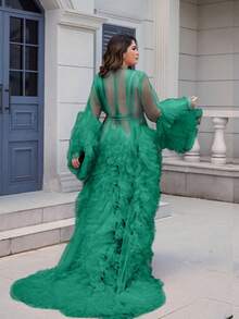 1 Piece Maternity Dresses Pregnant Gown For Photoshoot Christmas Sexy Mesh Fabric Ruffle Hem Wedding Kimono Women Dresses Belt Tie Relax Fit Oversized - 綠色 - 查看 3