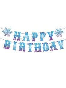 1Set Ice Snowflake Happy Birthday Paper Banner, Double Line Letter Bunting With Blue Purple Gradient Snowflake Cutouts, Winter Frozen Themed Birthday Decor For Indoor Wall Mantel Window, Birthday Party Photo Backdrop - View 6