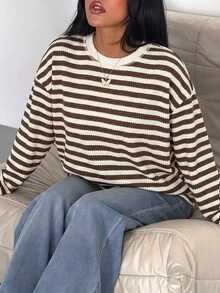 SDNGED 女款休閒上衣 條紋拼色羅紋 日常穿著 春秋度假款 - 咖啡 - 查看 7