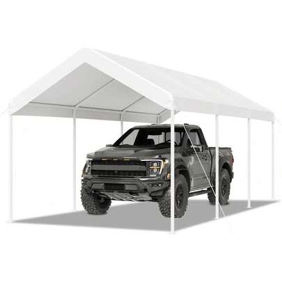 10x20 FT Carport Canopy, 9.25 FT Peak Height Portable Garage Tent For Cars Boats Trucks W/ Steel Frame, Stakes & Ropes, Milky White