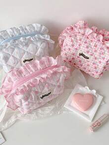 1 pieza Bolsa de maquillaje con estampado floral y decoración de encaje, organizador de cosméticos de gran capacidad, bolsa de aseo portátil para viajes, bolsa de almacenamiento de productos para el cuidado de la piel, esencial de viaje. - Multicolor - Ver 7