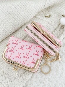 With A Chain Keychain, Fashionable Bow Print Zipper Credit Card Storage Bag With Multiple Compartments, Suitable For Travel - Hot Pink - View 4