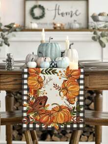 1pc Autumn Table Runner Home Party Decor, Buffalo Plaid Pumpkin Mushroom Birdhouse Leaf Pattern, Seasonal Kitchen Dining Table Decoration - Black and White - View 1