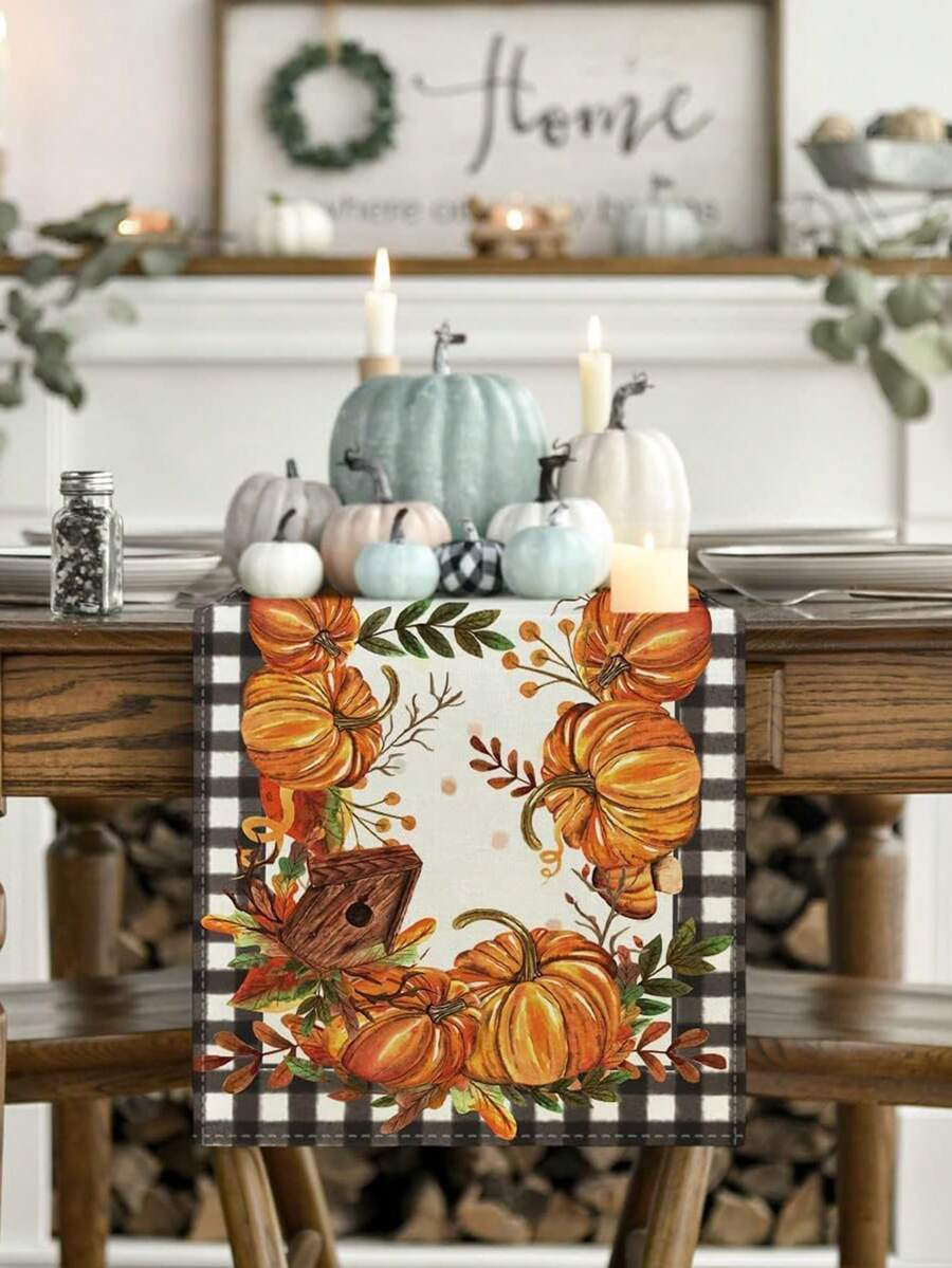 1pc Autumn Table Runner Home Party Decor, Buffalo Plaid Pumpkin Mushroom Birdhouse Leaf Pattern, Seasonal Kitchen Dining Table Decoration - Black and White - View 1