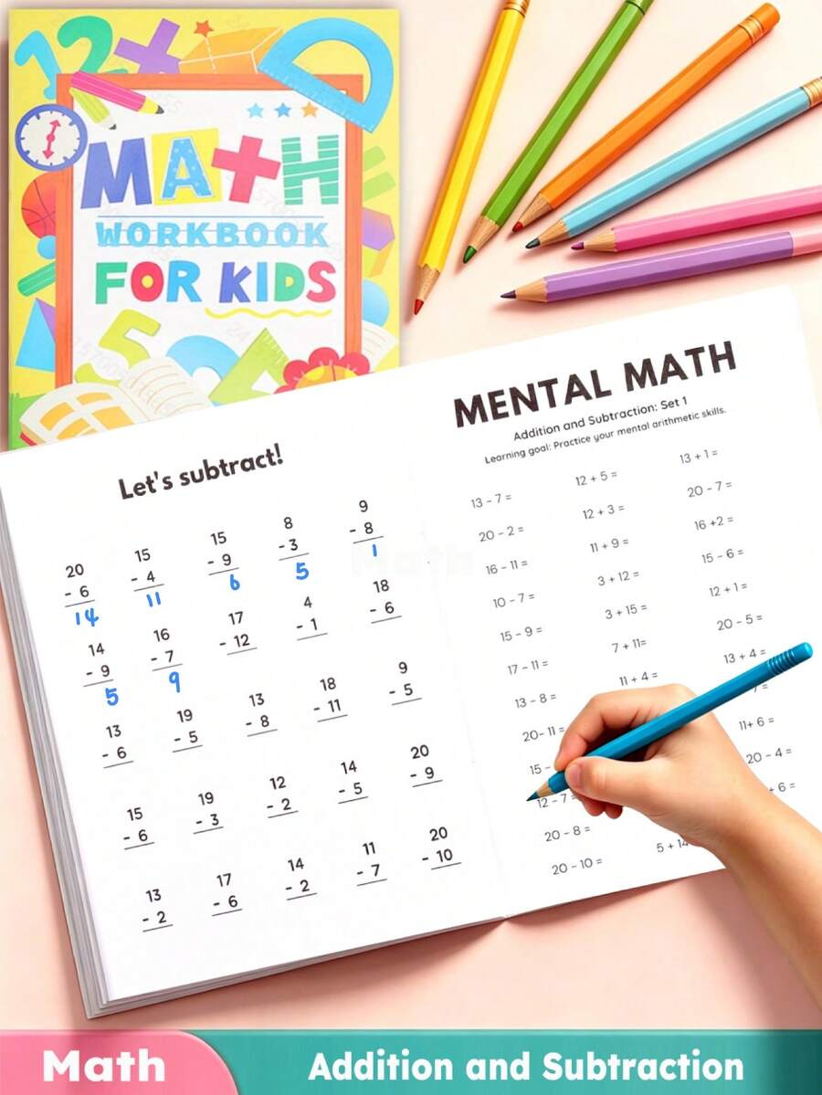 Caderno de Exercícios de Prática de Traçado de Números para Crianças, Páginas de Exercícios de Matemática com Prática de Adição e Subtração, Tarefas Integradas de Escrita & Habilidades Matemáticas, Papelaria & Suprimentos Escolares para Meninos e Meninas em Idade Escolar - Multicolorido - Visão 1