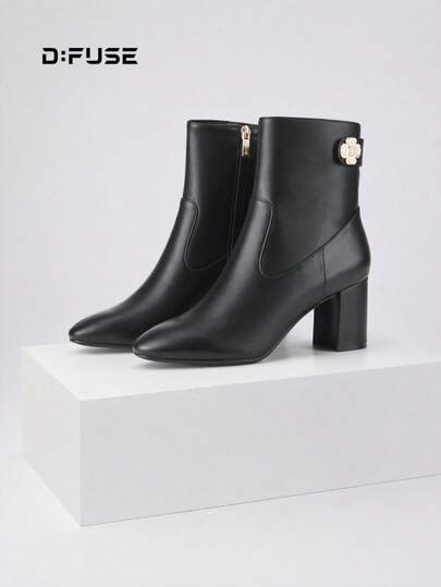 D:FUSE Women Solid Pointed Toe Ankle Side Zipper Stiletto High Heel Chelsea Boots Office Siren Vintage Cozy Date Daily Party Wedding Black Genuine Leather