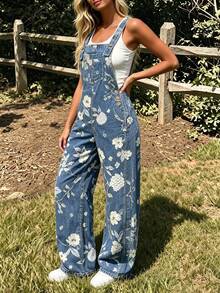 Women's Denim Effect Sleeveless Long Overalls, Casual Versatile, Non-Stretch, With Button Details - Medium Wash - View 5