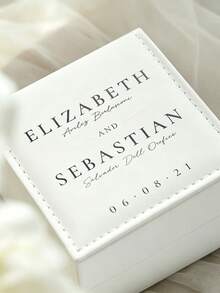 Personalized Name & Date Artificial Leather Ring Box, Customized Square Elegant White Wedding Ring Box, Customized Lace Ring Pillow, Wedding Ring Pillow With Bow, Elegant Tulle Lace - Multicolor - View 5