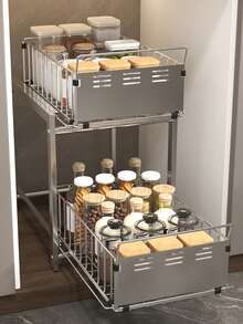 1pc Pull-Out Kitchen Cabinet Drawer, 2-Tier No-Drill Slide-Out Storage Rack, Space-Saving Cabinet Organizer, Suitable For Home Kitchen Use, Slide-Out Shelf For Kitchen Supplies Storage - Grey - View 5