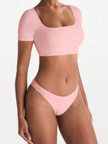 Top de yoga de cuello cuadrado de doble capa y ajustado, verano - Rosa Pálido - Ver 3