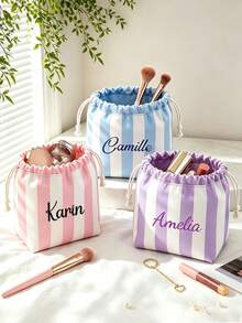 Customized Embroidered Name Striped Makeup Bag, Drawstring Cosmetic Storage Bag, Portable Travel Toiletry Bag, Personalized Gift For Women Bridesmaids - Multicolor - View 4