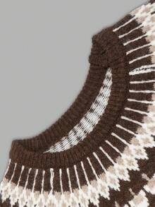 Nicenter Women's Fall Clothes Wool Blend Fair Isle Pattern Knit Crew Neck Half Sleeve Regular Pullover Sweater Women Daily Casual Outfit - Coffee Brown - View 4