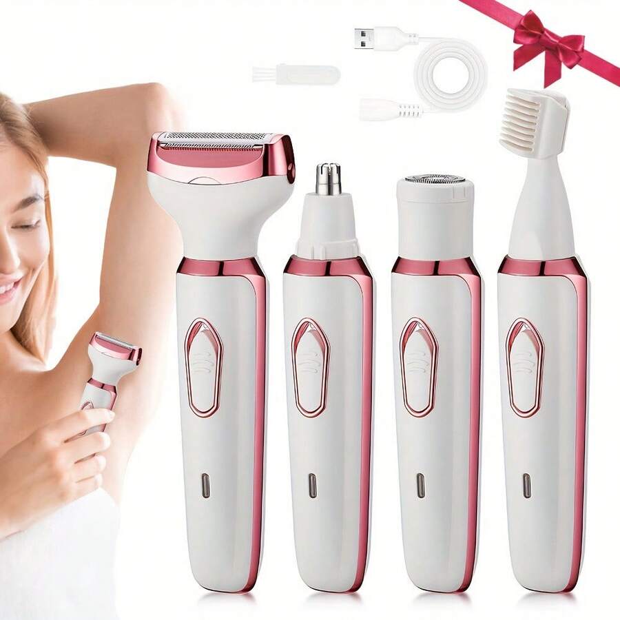 Alat Cukur Listrik Isi Ulang 4-in-1 untuk Wanita, Pencukur Wajah, Hidung, Kaki, Ketiak, Set Kecantikan Basah & Kering, Alat Cukur Listrik Portabel untuk Wanita, Pencukur Bikini