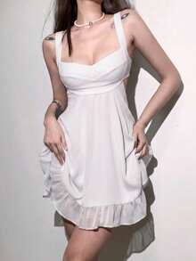 Vestido midi elegante de mujer con parches de malla de unicolor, adecuado para citas y fiestas - Blanco - Ver 3