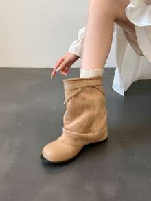 Woven Rope Ruched Mid-Calf Boots, Plus Size Women's Round Toe Casual Vibe Ankle Boots - Khaki - View 3
