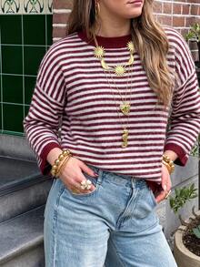 2026 New Autumn/Winter Women's Contrast Striped Loose Oversized 3/4 Sleeve Knit Sweater, Dropped Shoulder Round Neck Soft Fuzzy Striped Pullover Fall - Maroon - View 10