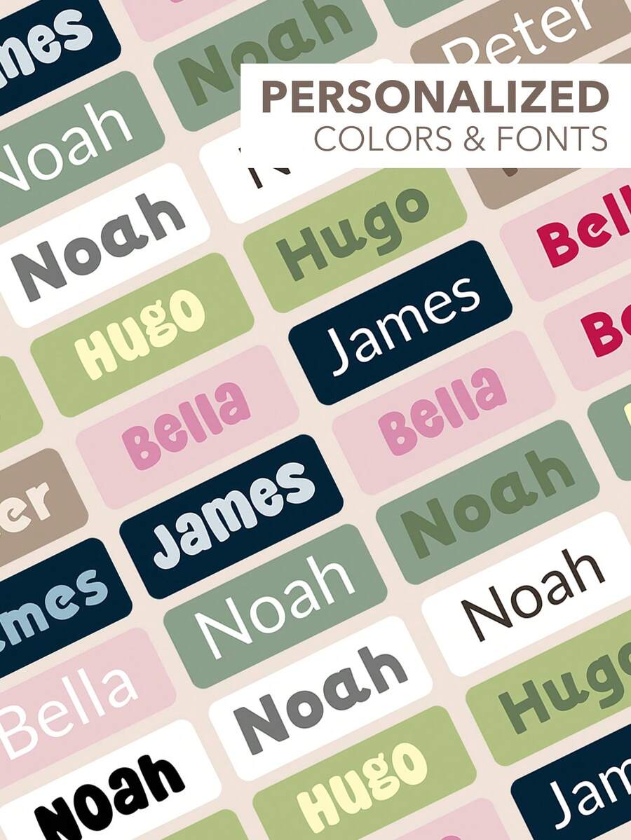 Customized Name Stickers 4 Sizes 60-400pcs Name Labels Customizable Font, Text Color And Background Waterproof Labels Suitable For Water Bottles, Lunch Boxes, Notebooks, Bags - Multicolor - View 1