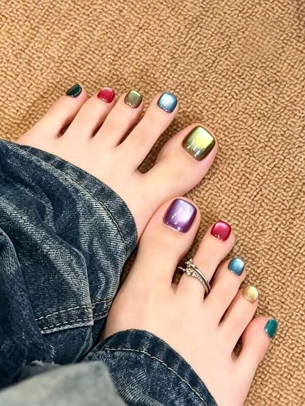24Pcs Square Press On Toe Nails, Multicolor Cat Eye Fake Toe Nails, Shiny Aurora Metallic Glossy Full Cover Stick On Toe Nails For Summer Beach Holiday