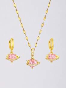3pcs Set Copper With Zirconia Pink Heart Planet Pendant Necklace Hoop Earrings Jewelry Cute Elegant For Girls Party Birthday Wedding Daily Gift Wear - Gold - View 2