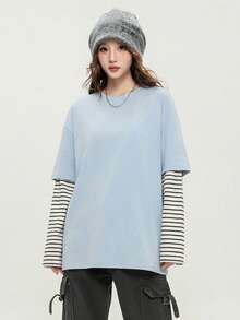 JUTU 春季新款寬鬆圓領條紋拼接袖 T-shirt，2合1藍白配色甜美優雅青春女孩舒適長袖上衣 - 藍拼白 - 查看 2