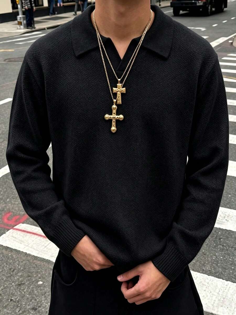 ANDREILEE 男士休闲宽松通勤简约纯色百搭V领Polo衫轻薄长袖针织套头衫,秋冬款 - 黑色 - 查看 1