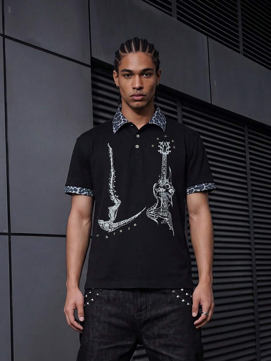 Men's Black Skull Guitar Print Polo Shirt, Contrast Leopard Collar Cuff Casual Short Sleeve Top - Multicolor - View 1