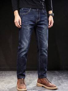 Men's Minimalist Slim Fit Denim Jeans With Light Distressed Cat Whisker Wash, Comfortable Stretch Fit, Non-Tight, Versatile Casual Everyday Work Jeans - Dark Wash - View 5