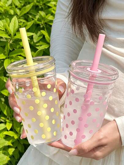 16oz Polka Dot Pattern Plastic Water Cup With Built-In Straw - Soft Pink Leak-Proof Portable Water Bottle, Designed For Women, Fitness, Camping And Birthday Parties. Decorated With Cute Polka Dot Print Pattern, Lightweight Plastic Drinkware/Combines Fun Aesthetics And Practical Function, Essential For Fitness Enthusiasts, Suitable For Holding Fruit, Iced Coffee And Specialty Drinks, Ideal For Summer Hydration, Travel, Beach Party, Spring Break, Graduation Gift, Outdoor Activities, Birthday And Valentine's Day Gift