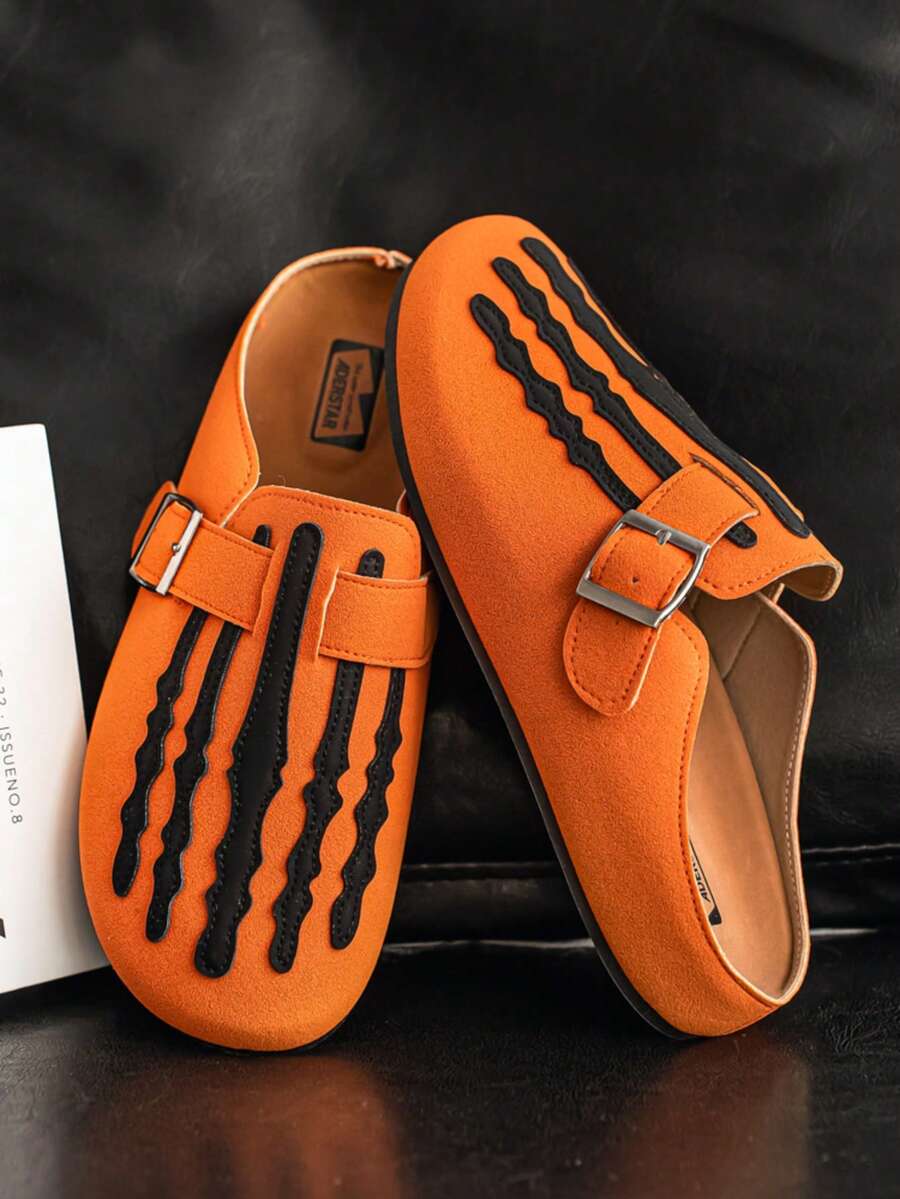 Halloween Skeleton Claw Pattern Men's Sandals, Closed Toe Mule Shoes With Adjustable Buckle, Suede Backless Design, Slip-On Casual Flat Half-Slippers - Orange - View 1