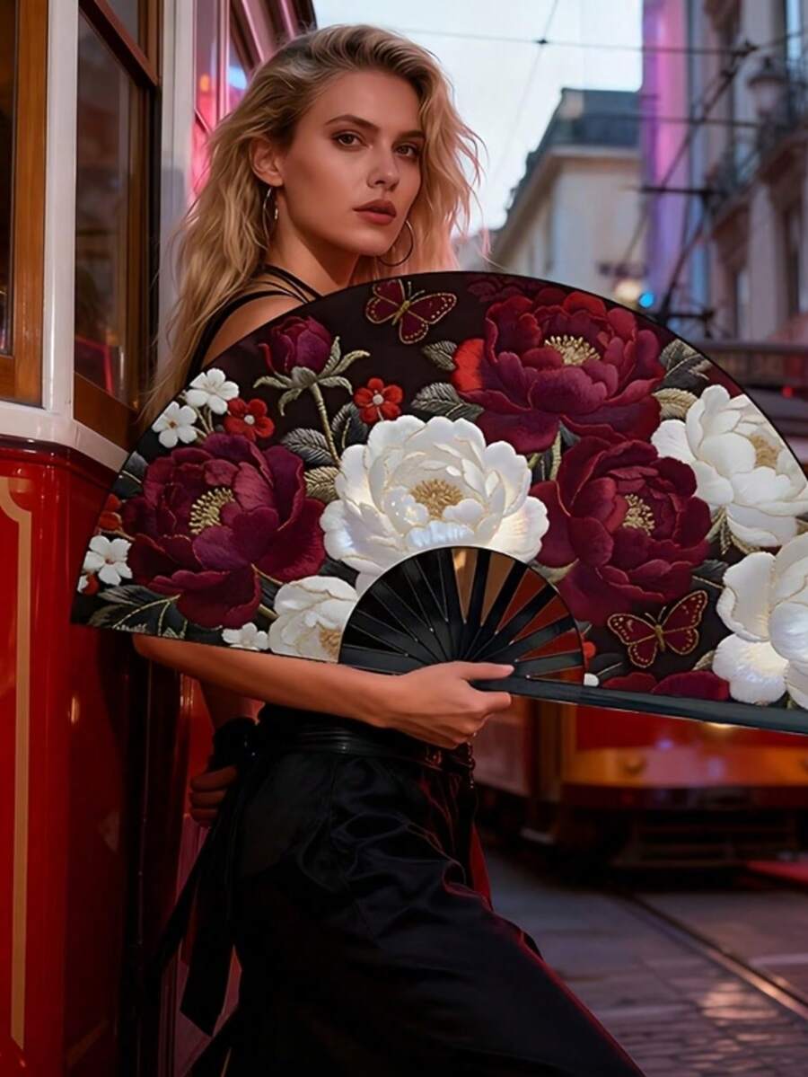 Women's Handheld Folding Fan, Dark Red Floral Butterfly Pattern Portable Folding Fan For Daily Use, Outdoor Activities, Travel, Gifts - Multicolor - View 1