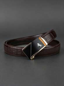 Designed With Premium Business Horse Print Automatic Buckle Belt, High-End Minimalist Men's PU Belt, Suitable For Office Wear, Essential Gift, Black And Brown Dual Colors Available - Multicolor - View 3