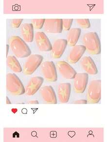 30片短橢圓淺黃色法式穿戴甲，星星圖案設計，壓克力材質，包含：1片果凍膠和1片指甲锉 - 黃色 - 查看 4