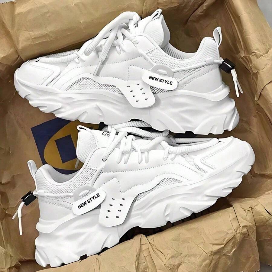 Men's Thick Sole Height Increasing Mesh Chunky Sneakers Round Toe Low-Top Lace-Up Sneakers Casual White Shoes Breathable All-Season Running Shoes - White - View 1
