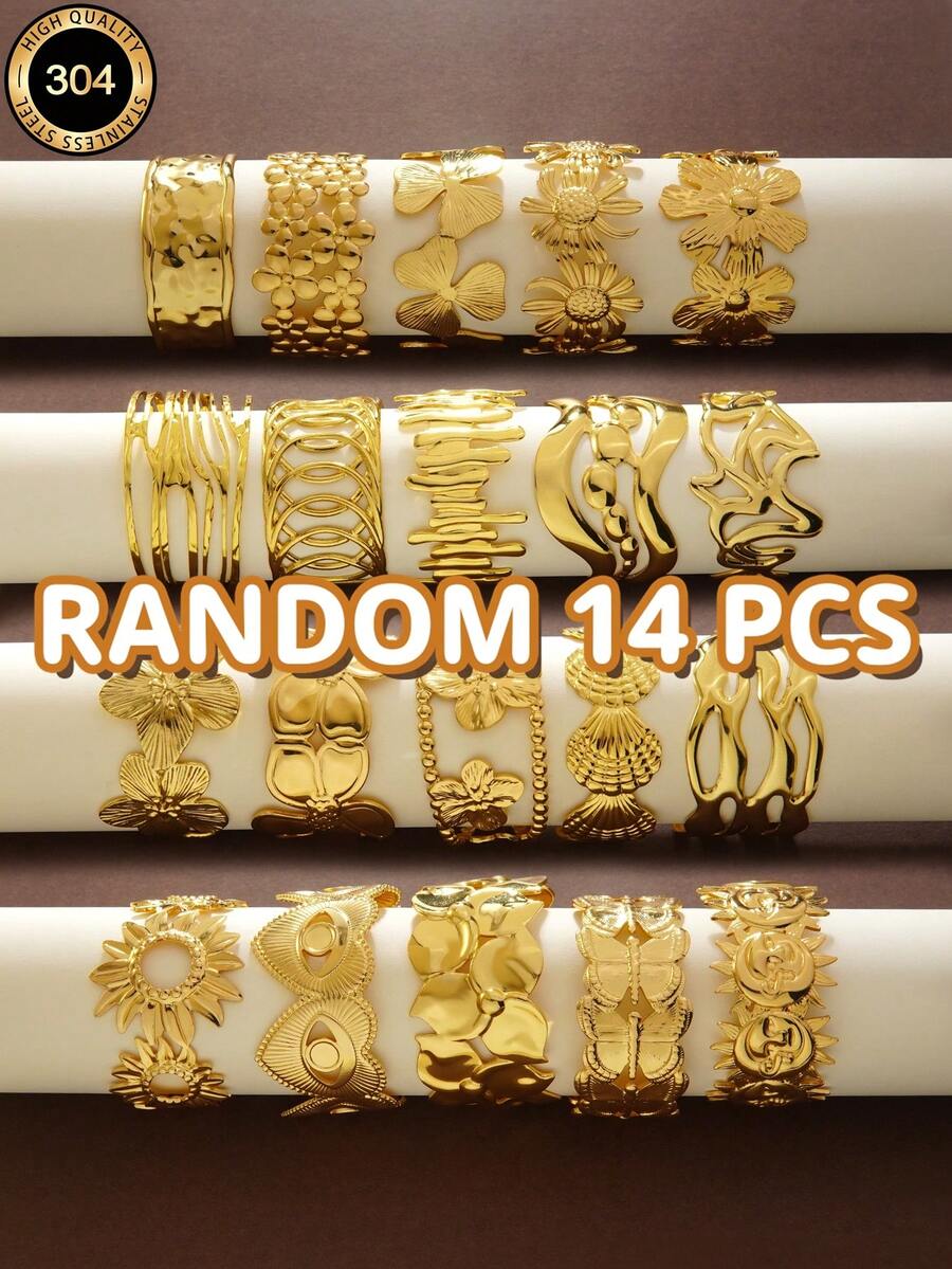 VceTd Random 12/8/3PCS Multiple Styles Stainless Steel Women's Bracelets Suitable For Daily Wear/Commute/Vacation - Yellow Gold - View 1