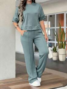 Vaiaye Women's Summer Green Sports 2 Pieces Set, Short Sleeve Top + Wide Leg Sports Pants, Suitable For Gym, Streetwear, Beach And Vacation Elegant - Dark Green - View 11