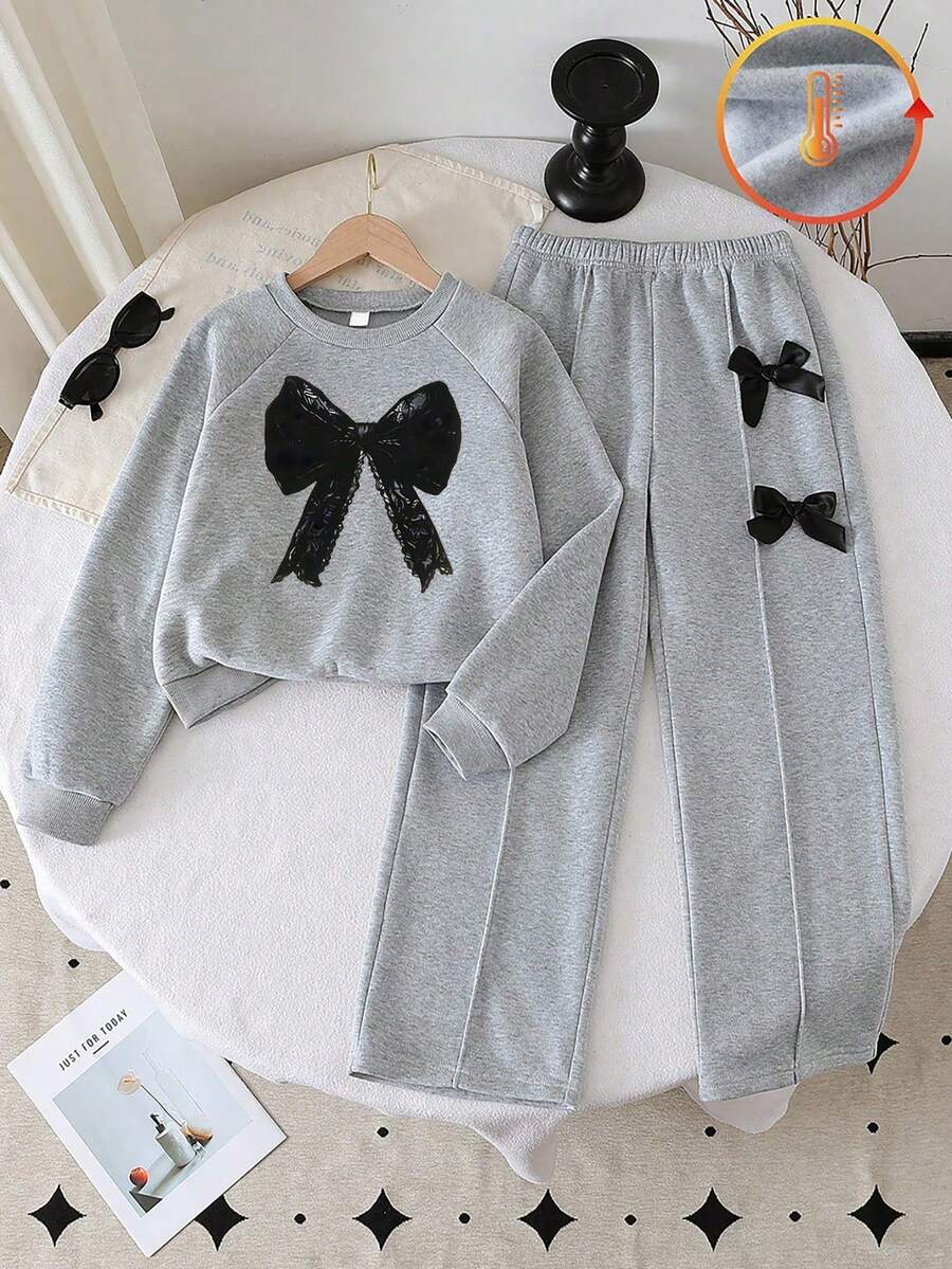 Girls Bow Print Round Neck Long Sleeve Top And Wide Leg Pants, With Bow Decoration, Autumn/Winter - Grey - View 1