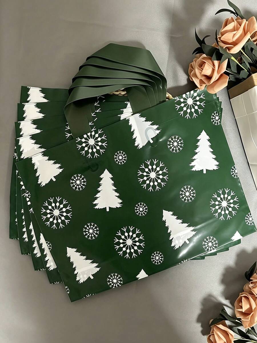 30/20/10/1pc Christmas Style Green Background Snow Tree Tote Bag/Gift Bag/Shopping Bag For Her/Him, Full Print White Christmas Tree And Snowflake Pattern, Rich And Fresh Christmas Atmosphere, Christmas Tree Shape Easy To Match