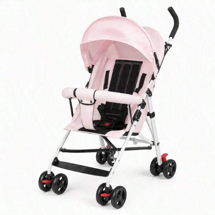 Carrinho de Bebê Dobrável Compacto com Capota Retrátil, Rodas Giratórias, Cesta para Objetos e Porta Copos, Carrinho Infantil Portátil para Passeios, Viagens e Uso Diário - Rosa chiclete - Visão 1